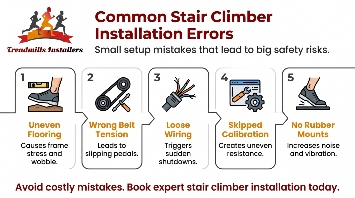 Infographic on common stair climber installation errors and safety risks, with red warning icons and checklist tips
