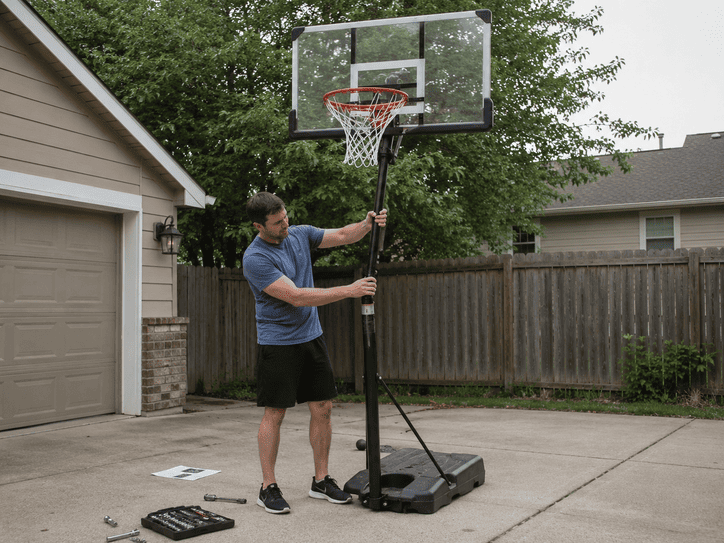 Man adjusting a portable basketball hoop in a driveway beside a garage and wooden fence.