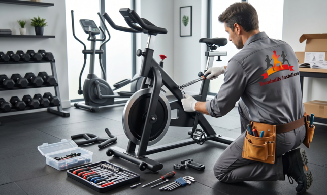 Technician kneels beside an exercise bike in a gym, using tools to repair it.