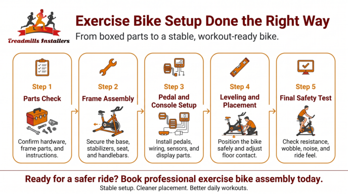 Bike setup infographic with five steps: parts check, frame assembly, pedal/crank setup, leveling, and final safety test.