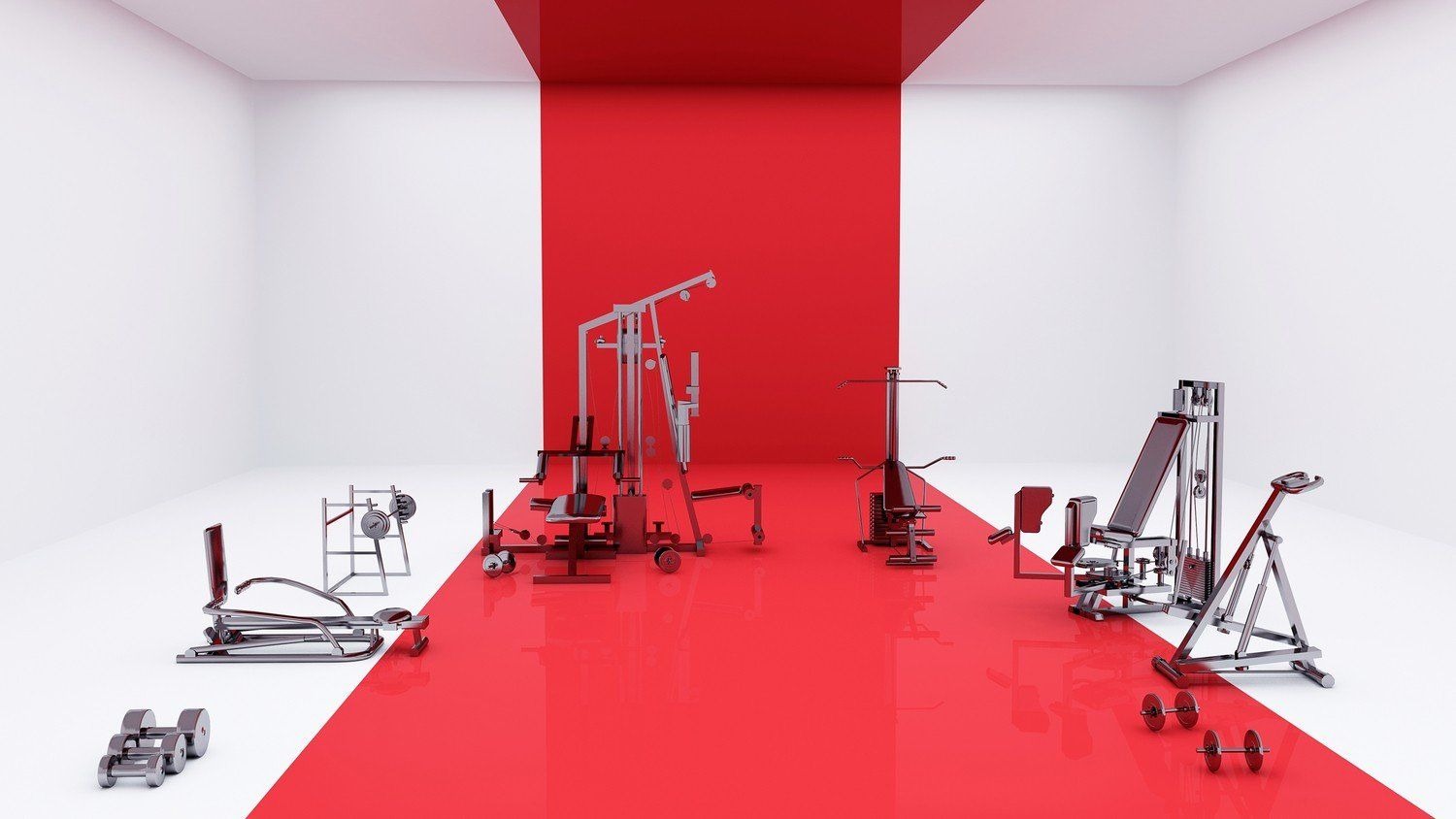 A gym equipment machines with a red and white striped wall and a red carpet.