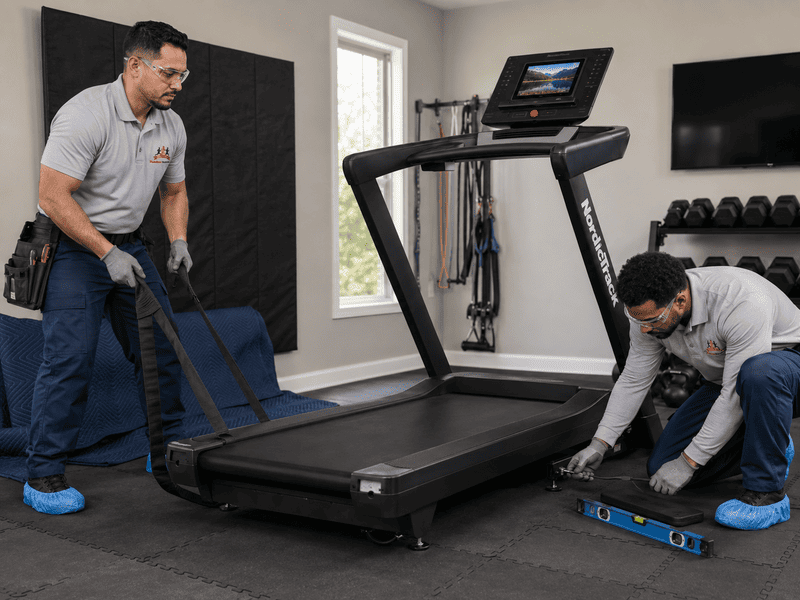 Two workers assembling a black treadmill in a home gym room