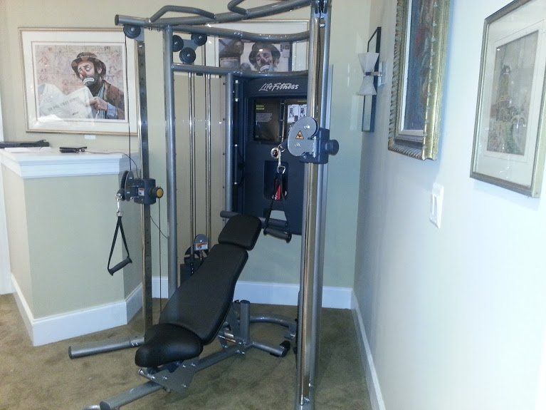 A power tower gym in a room with a picture on the wall