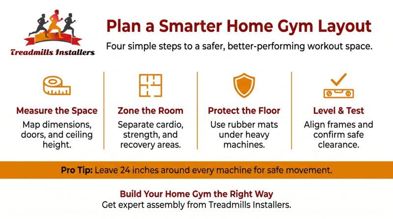 Infographic on planning a home gym layout with four steps and a yellow/orange design.