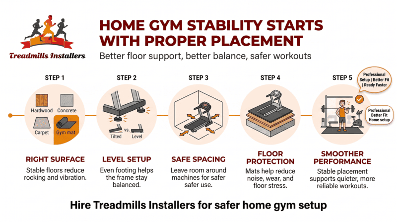 Infographic on home gym stability with 5 steps for proper placement of a treadmill.