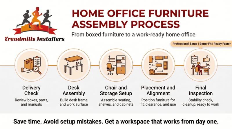 Home office furniture assembly process infographic with six steps and red title text