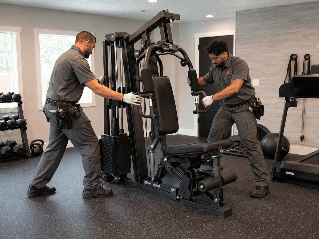 Two men adjusting a black exercise machine in a bright gym room