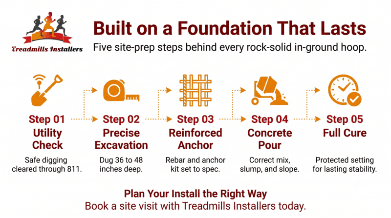 Infographic on five-step foundation process for installing Timbertech decking, with icons and orange/gray text.