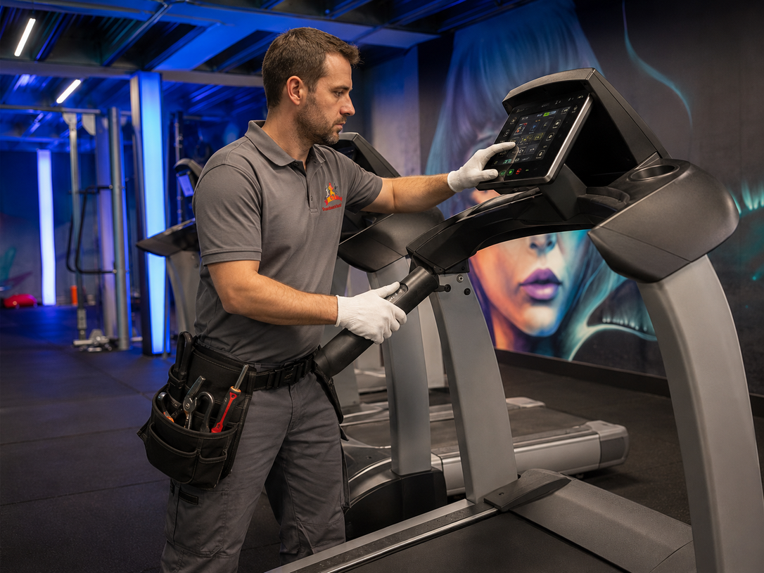 Technician repairs a treadmill console in a blue-lit gym.