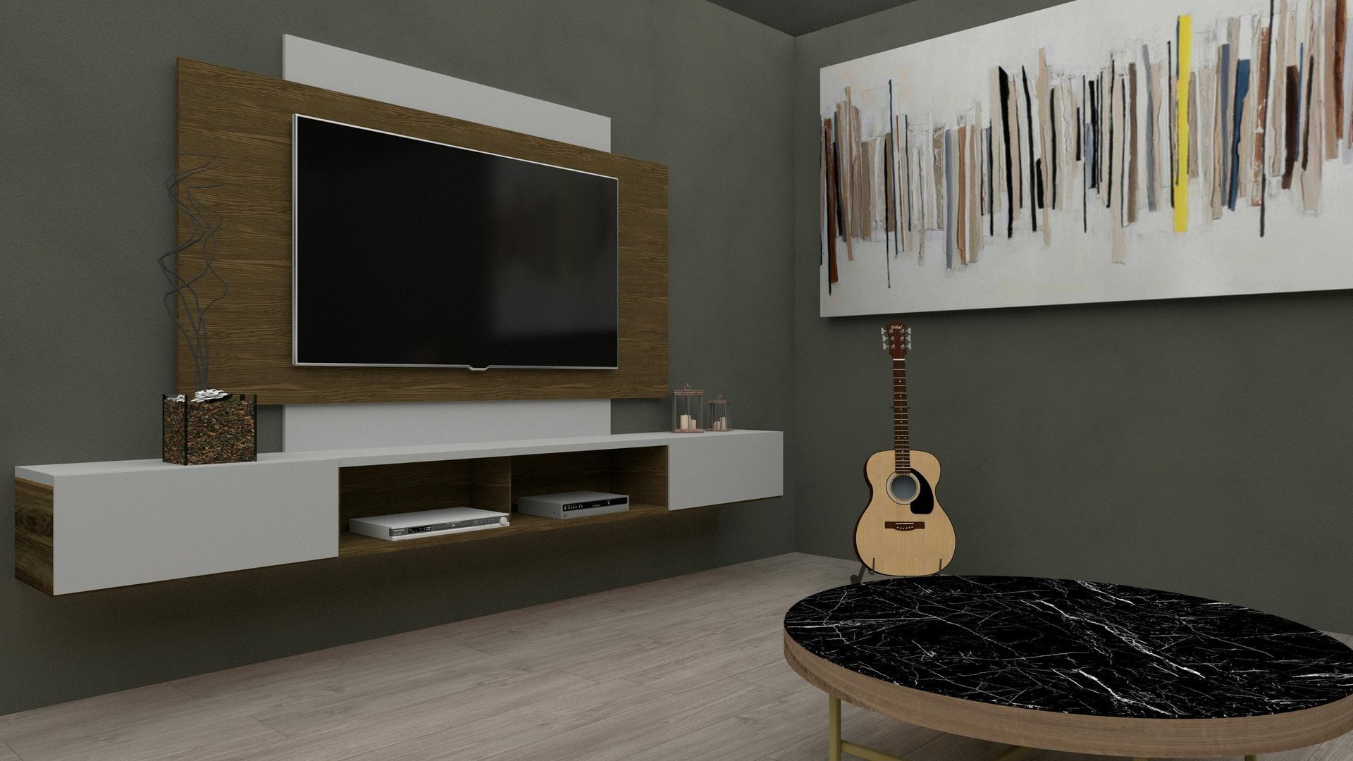 Modern living room with wall-mounted TV, white shelves, abstract wall art, guitar, and round black coffee table