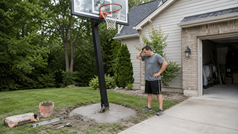 Man standing beside a driveway basketball hoop, hand on hip, in front of an open garage.