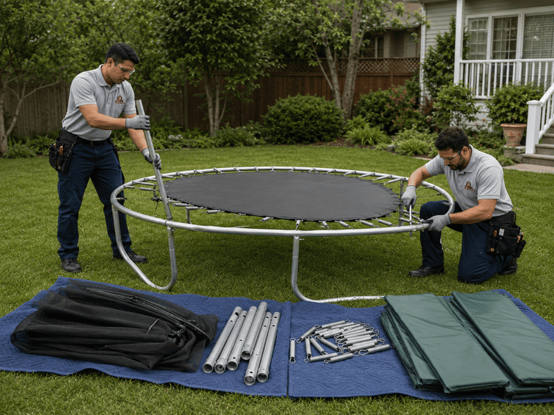 Two men assembling a round trampoline frame on a lawn with parts laid out in front.