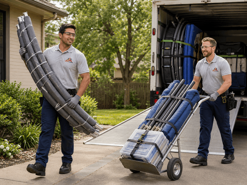 Two men moving folded outdoor lounge chairs on dollies in a driveway.