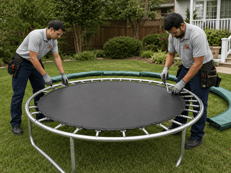 Two workers assembling a round trampoline in a backyard, with tools and safety netting nearby