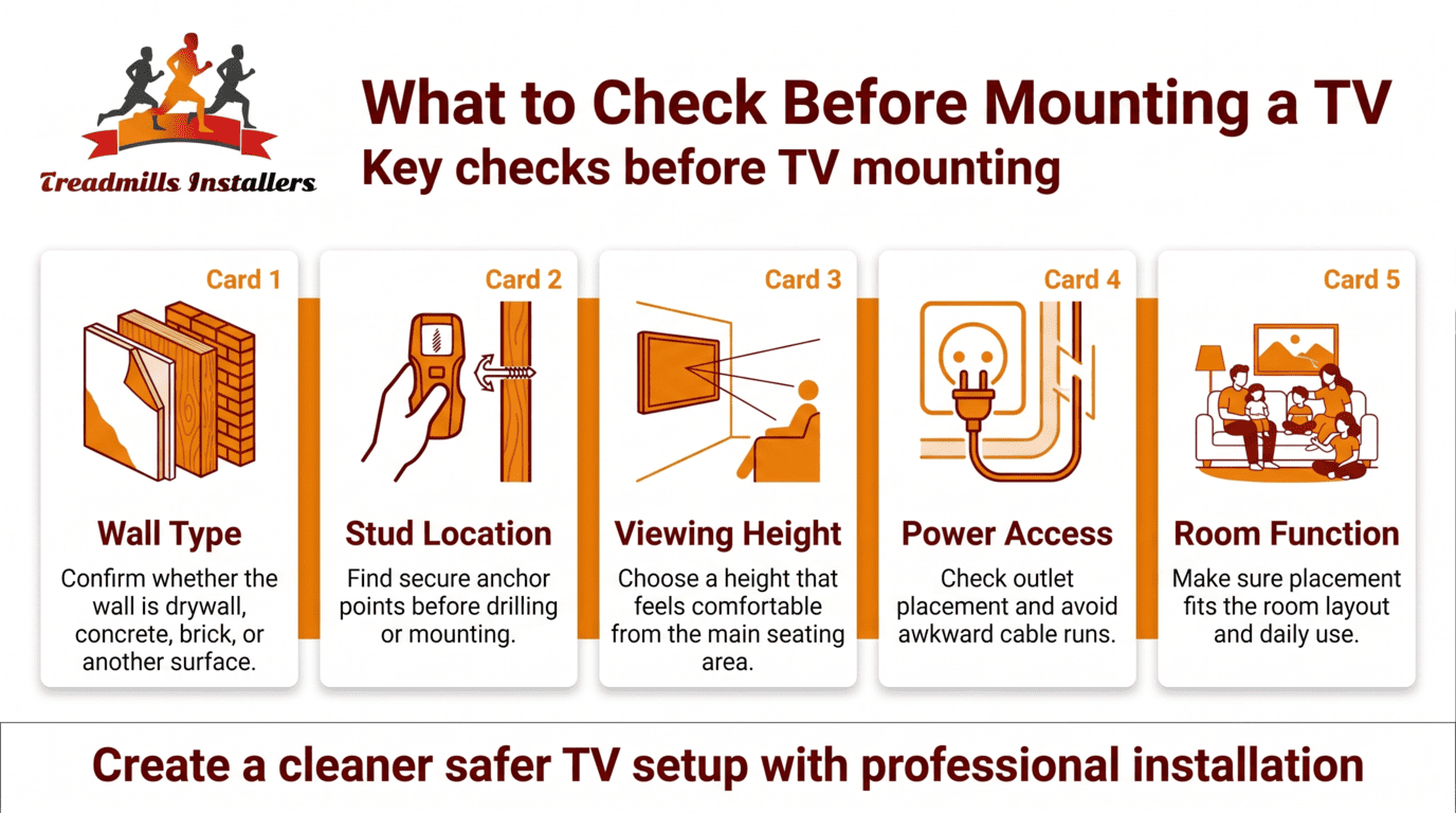 Infographic titled “What to Check Before Mounting a TV,” with five setup tips and a TV installation scene.