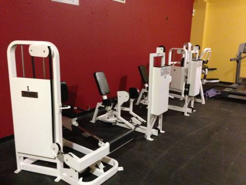 A row of white exercise machines in a gym
