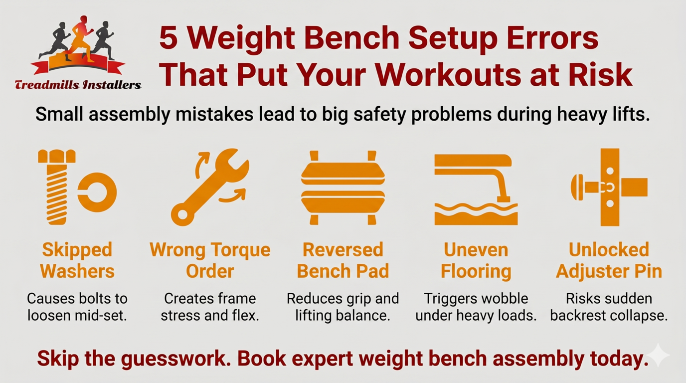 Infographic on 5 weight bench setup errors, with orange icons and brief safety tips on a white background