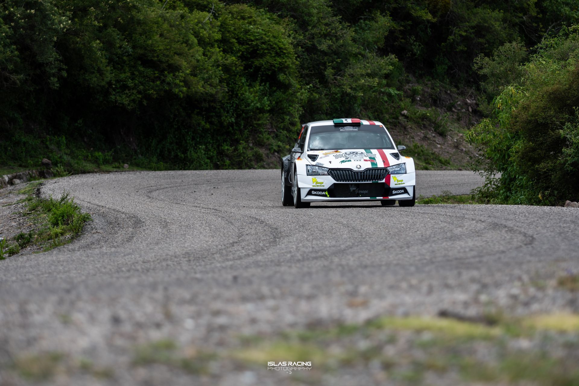 Un coche blanco circula por una carretera con curvas.
