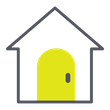 Simple house icon with a bright yellow door and gray outline on a white background