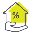 Hand holding yellow house with percent sign, suggesting mortgage or home loan savings