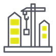 Construction site icon with crane and buildings in gray outline, yellow windows, on white background