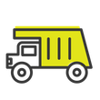 Yellow dump truck icon with black outline and white wheels on a white background