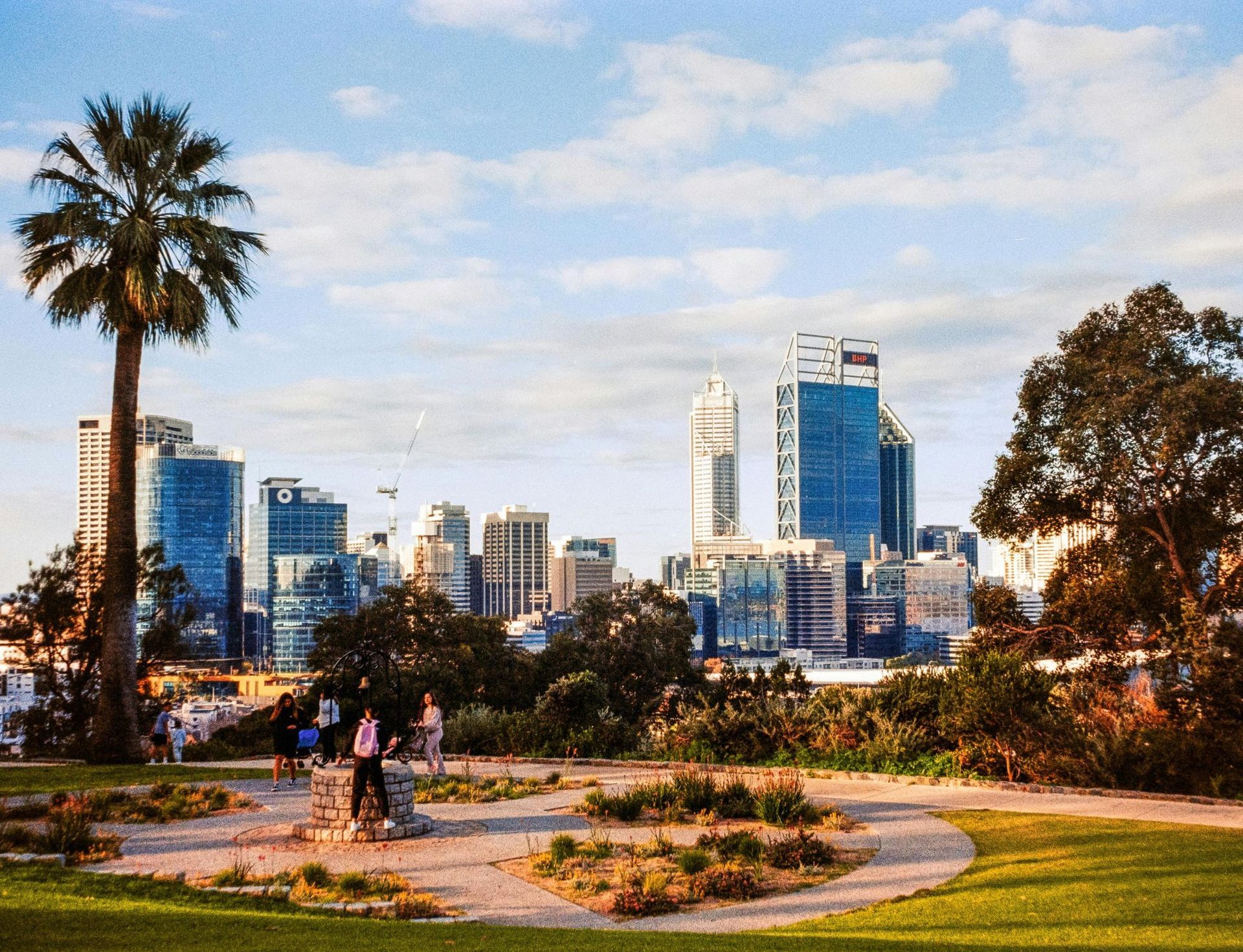 Park with palm trees and people in foreground, overlooking a city skyline under a partly cloudy sky