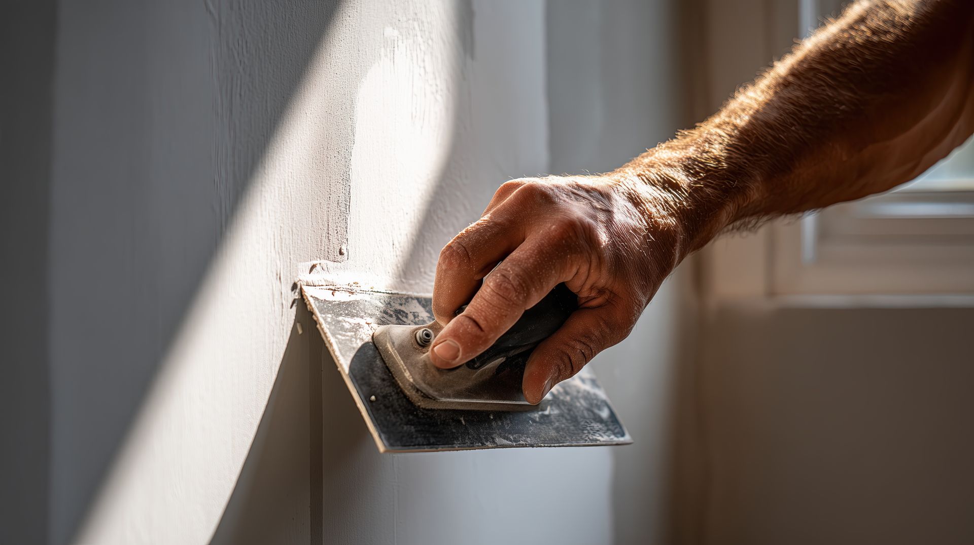 Hand Using a Putty Knife to Apply Plaster to An Interior Wall — Riverton, UT — Bison Commercial Services Hand Using a Putty Knife to Apply Plaster to An Interior Wall — Riverton, UT — Bison Commercial Services