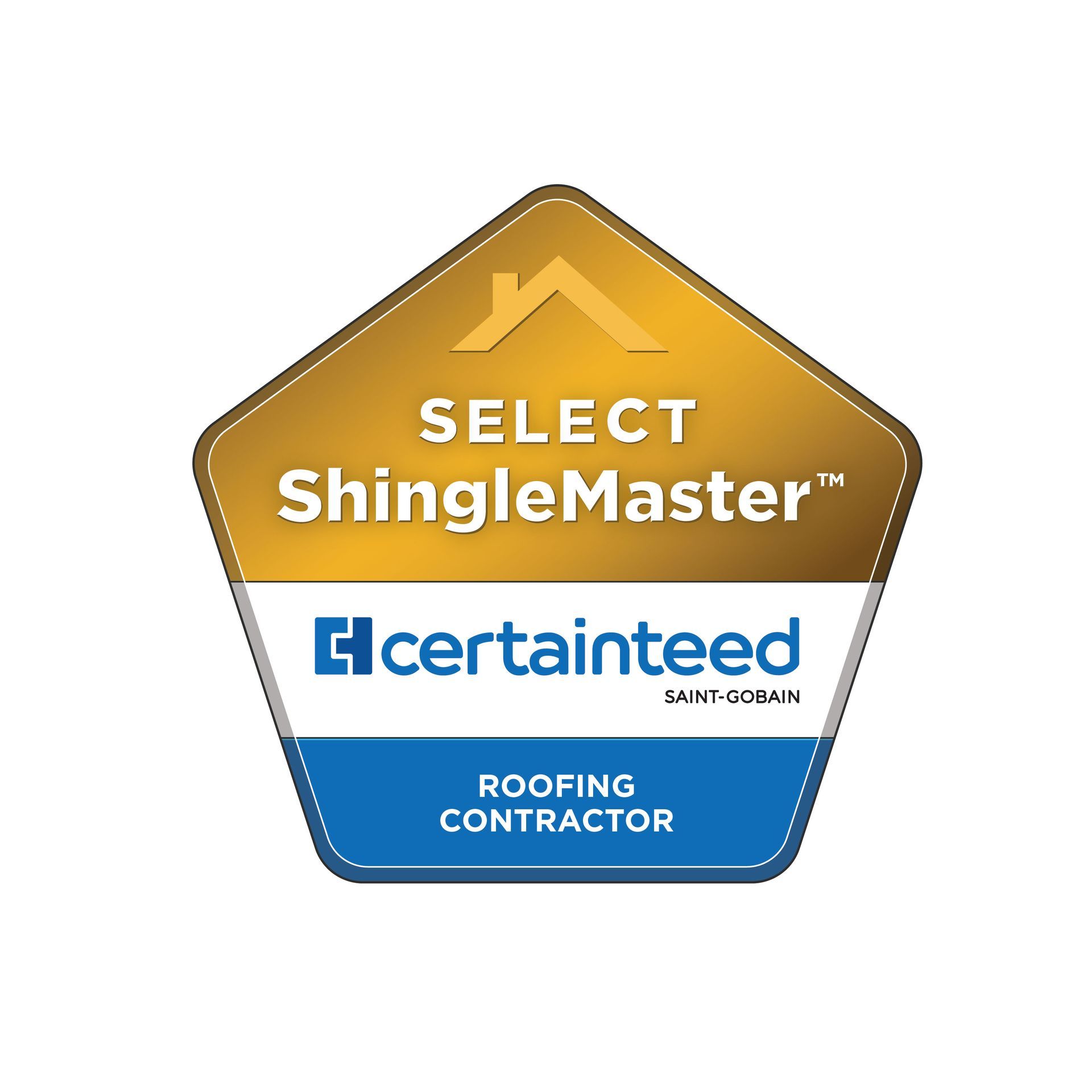 A gold shinglemaster roofing contractor badge on a white background.