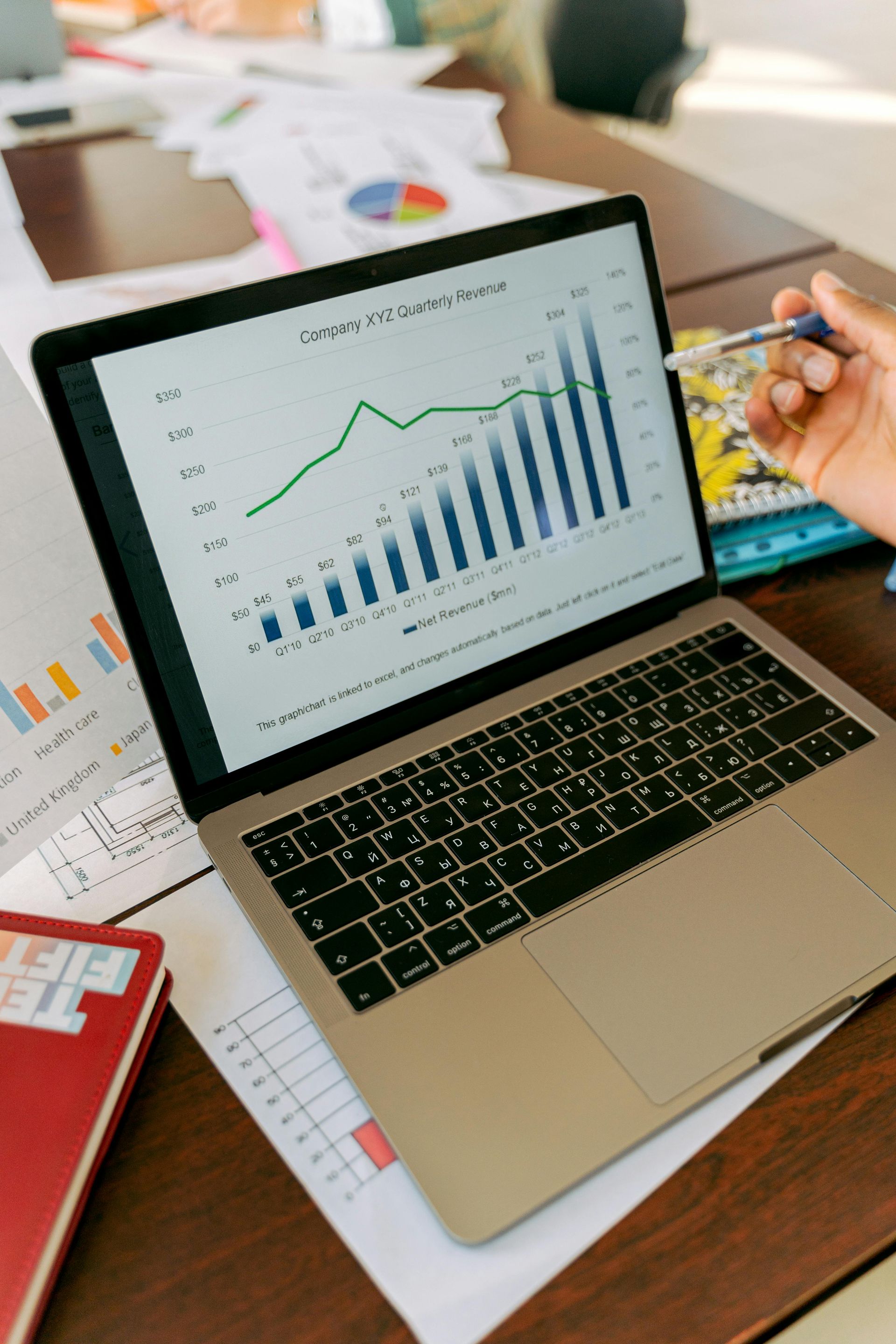 Laptop displaying a graph with rising trends, a person points with a pen. Papers are scattered on the table.