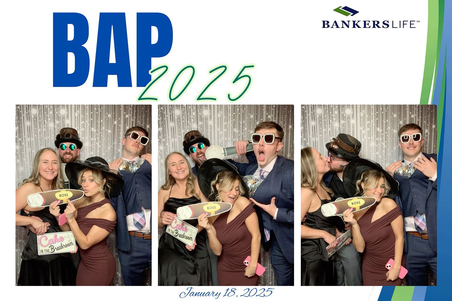 Group photo booth snapshots from BAP 2025 event with people posing and wearing props.