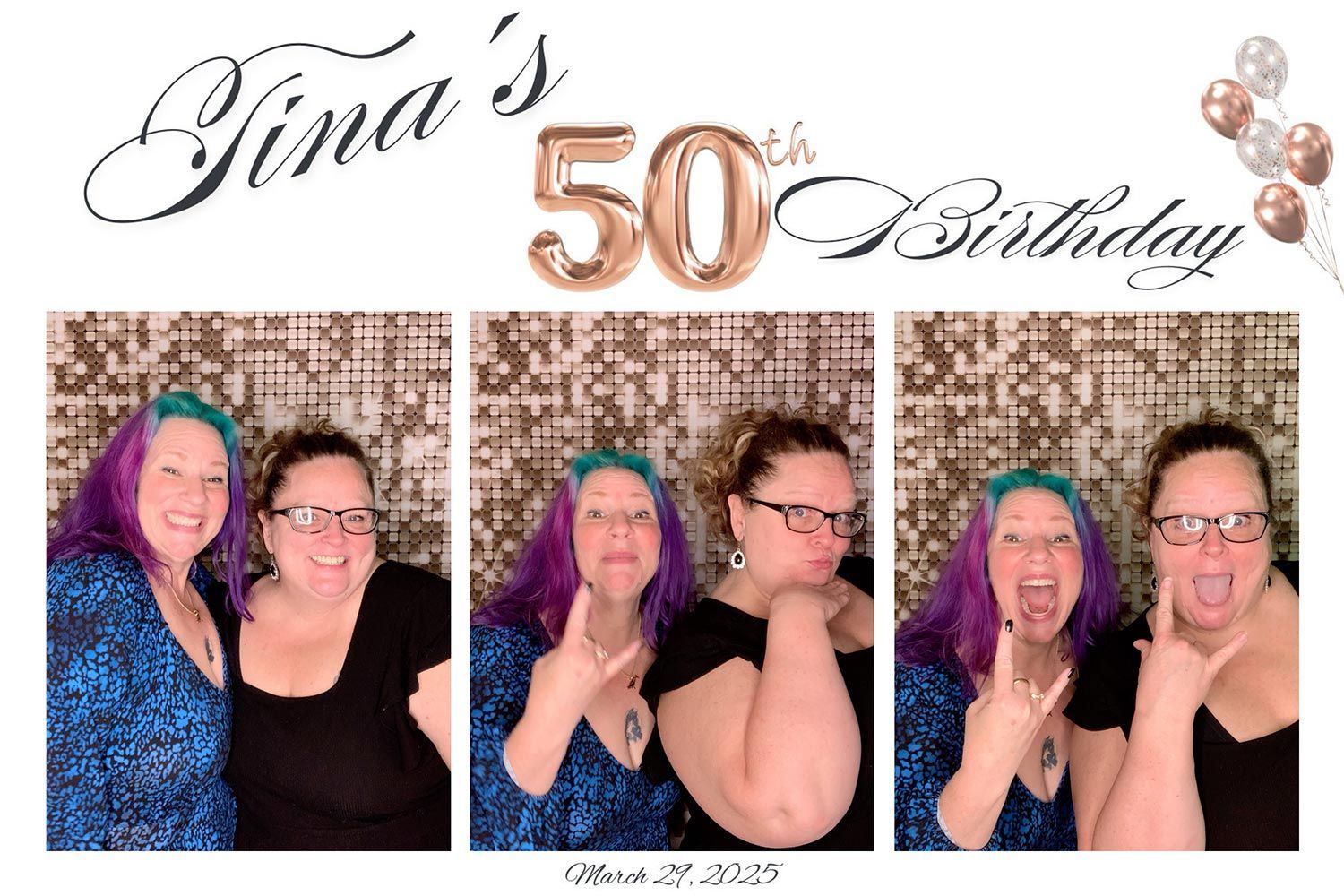 Photo booth strip: Two women celebrate Tina's 50th birthday. One with blue/purple hair. Posing, smiling, making faces.