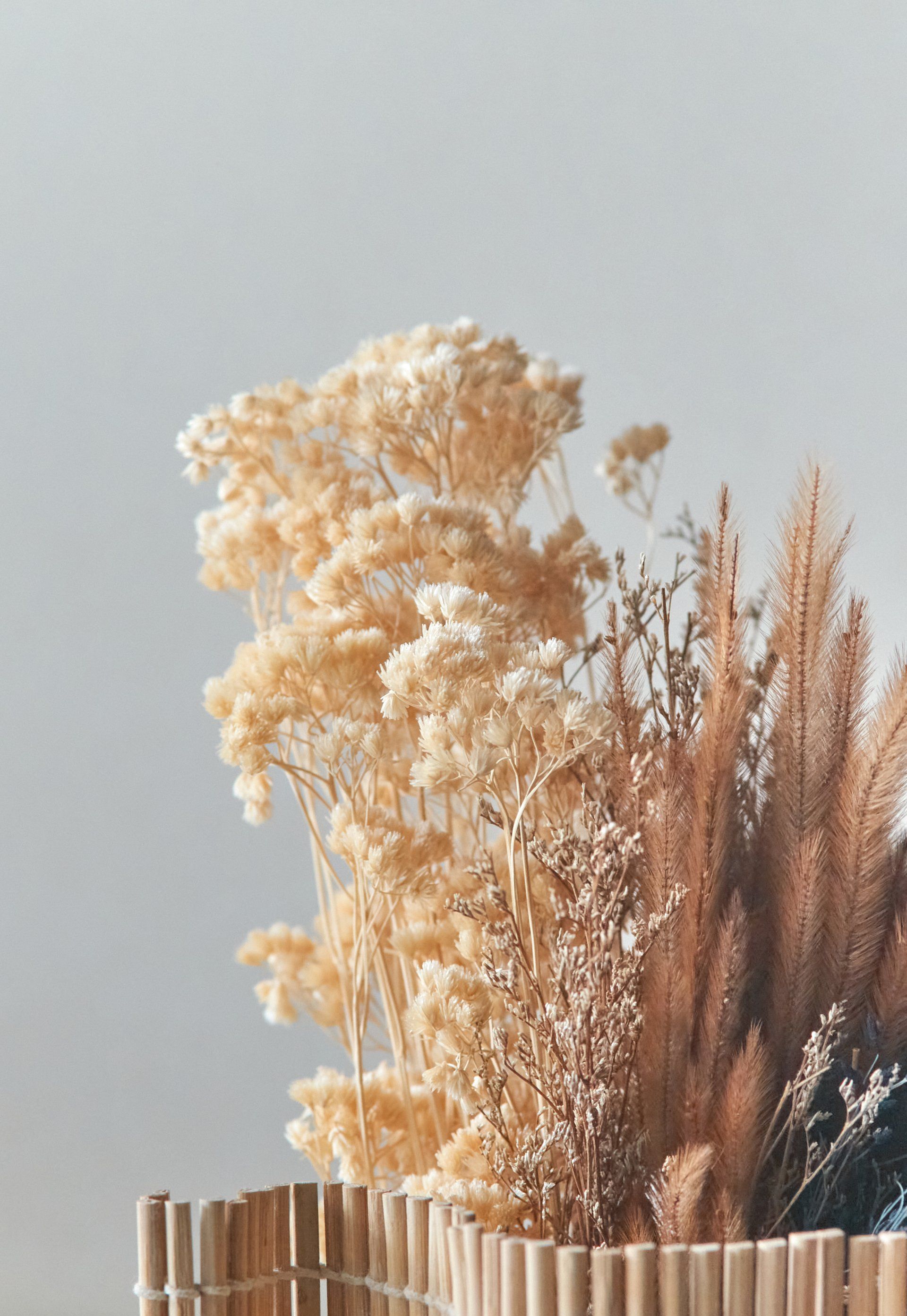 A bunch of dried flowers in a wooden vase on a table.