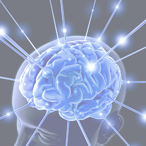 un cerebro azul está rodeado de luces brillantes .