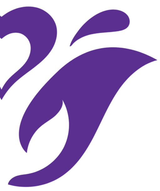 A purple logo with a heart and a swirl on a white background.
