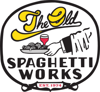 Logo for The Old Spaghetti Works: hand serving pasta and wine, 