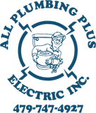 Logo for All Plumbing Plus Electric featuring a blue house icon with lightning bolts, a water faucet, and a pipe wrench.