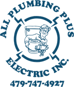 Logo for All Plumbing Plus Electric featuring a blue house icon with lightning bolts, a water faucet, and a pipe wrench.