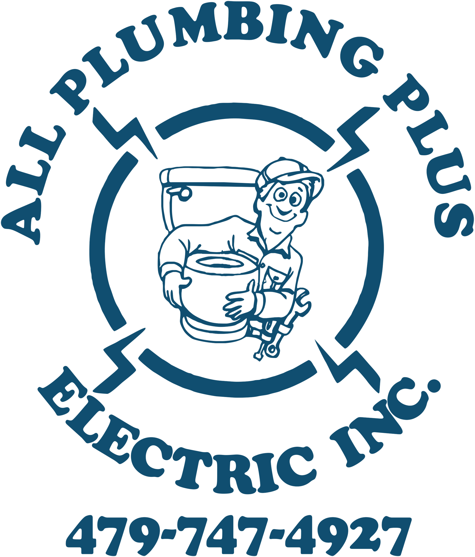 Logo for All Plumbing Plus Electric featuring a blue house icon with lightning bolts, a water faucet, and a pipe wrench.
