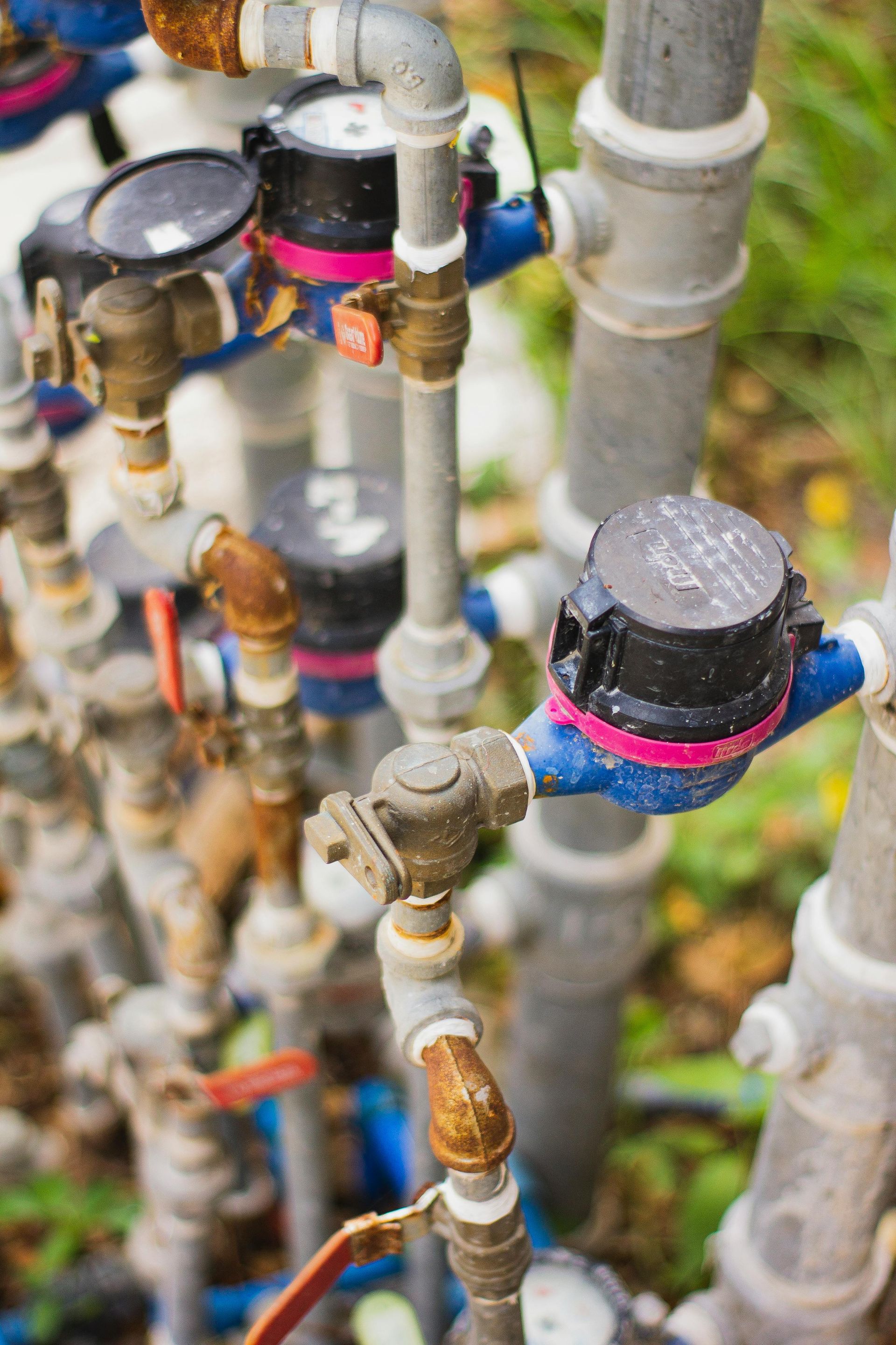 Close-up of interconnected white pipes and water meters with blue and pink fittings outdoors