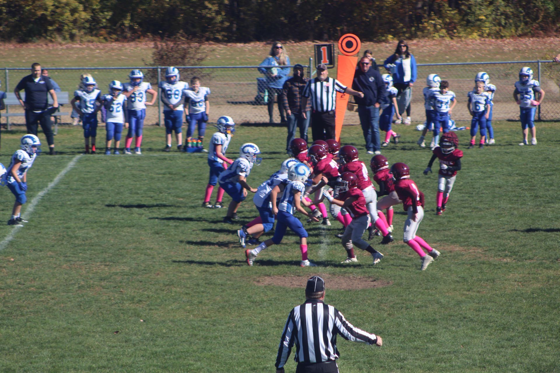 Football player in silver uniform runs with ball on a green field.