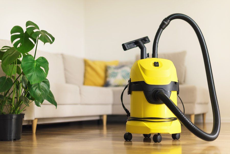 Yellow vacuum used for upholsery cleaning.