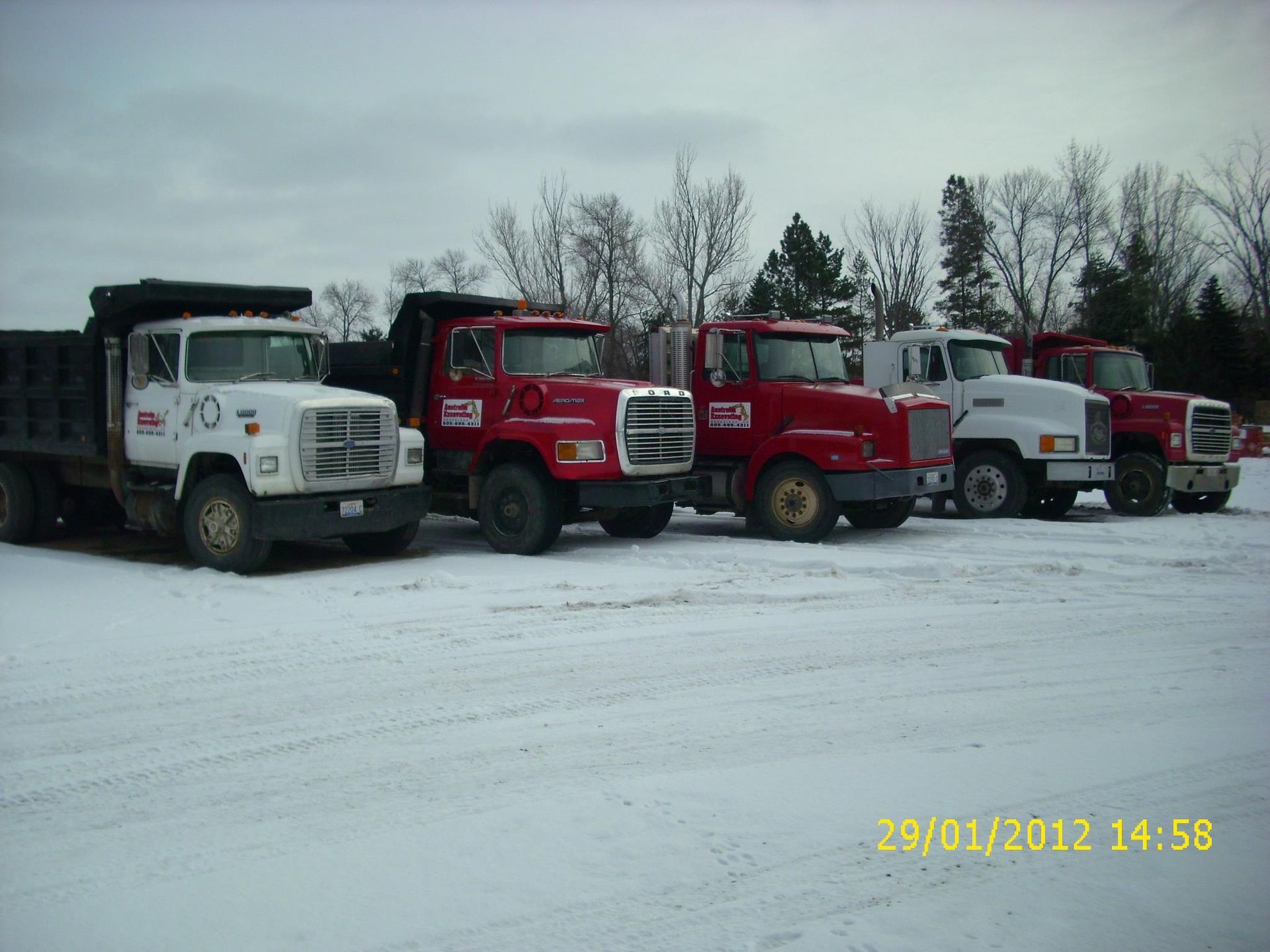 A line of five dump trucks, alternating between white and red, parked in a snow-covered field under a cloudy sky.