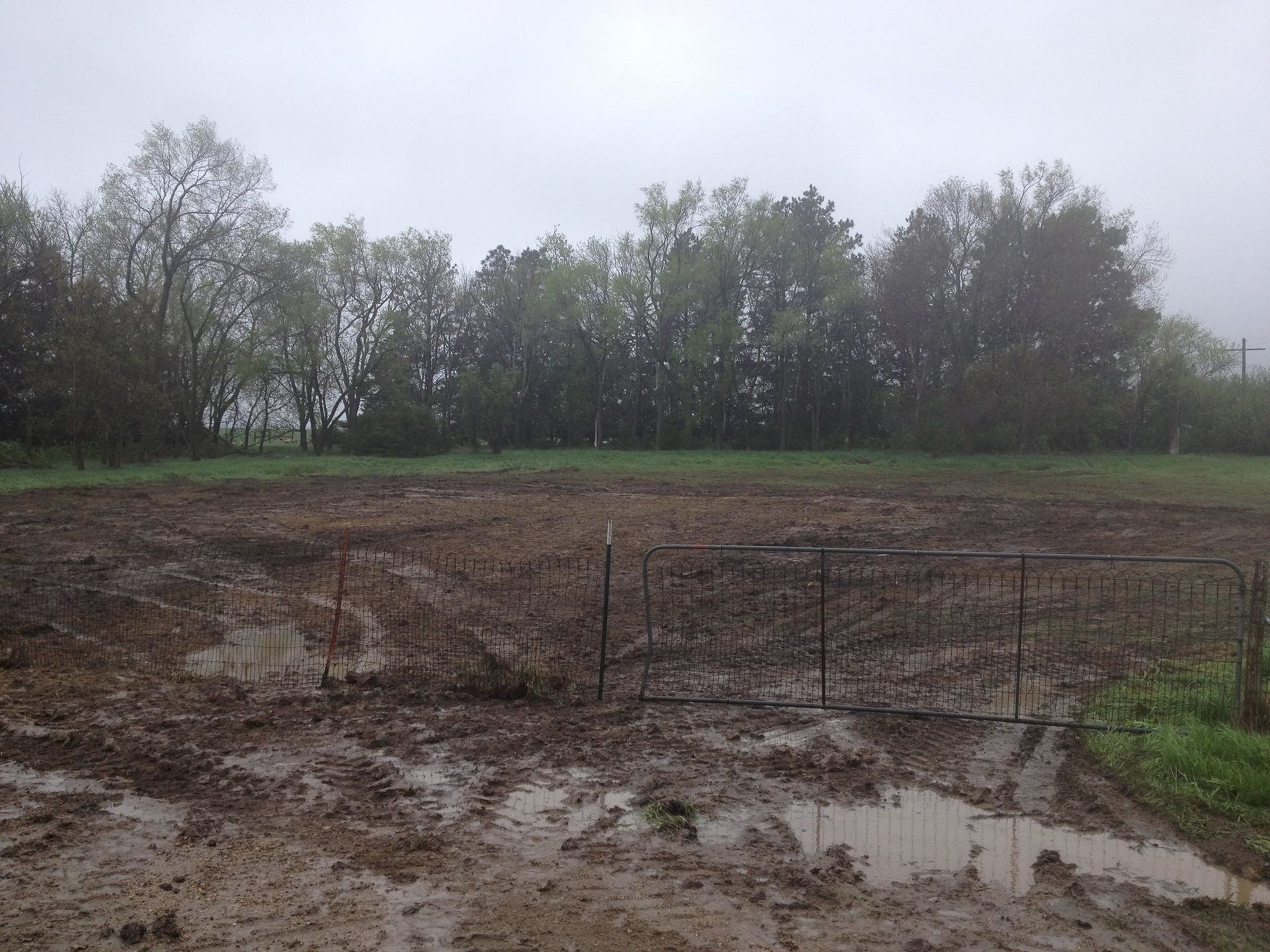 A muddy, water-filled field in front of a line of trees under a cloudy, overcast sky.