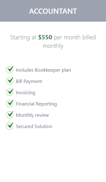 Accountant service advertisement.  Starting at $550/month. Includes bookkeeping, bill payment, invoicing, financial reporting, monthly review, and secured solution.