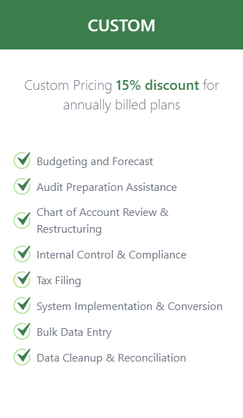Custom plan details, 15% discount for annually billed plans. Includes services like budgeting, tax filing, and data cleanup.