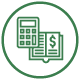 Green calculator and ledger icon, suggesting finances or accounting.