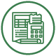 Green icon with a document, calculator, and pencil, symbolizing accounting or finances.