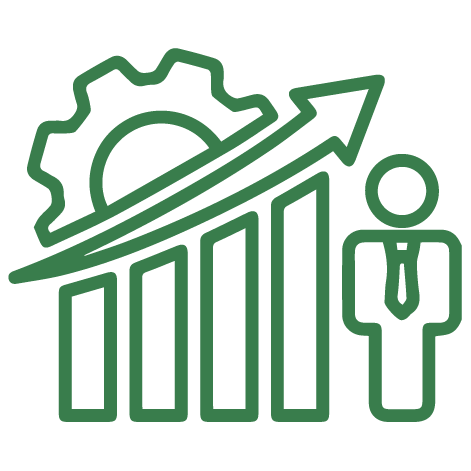 Green icon showing growth with a gear, chart bars, upward arrow, and a person.