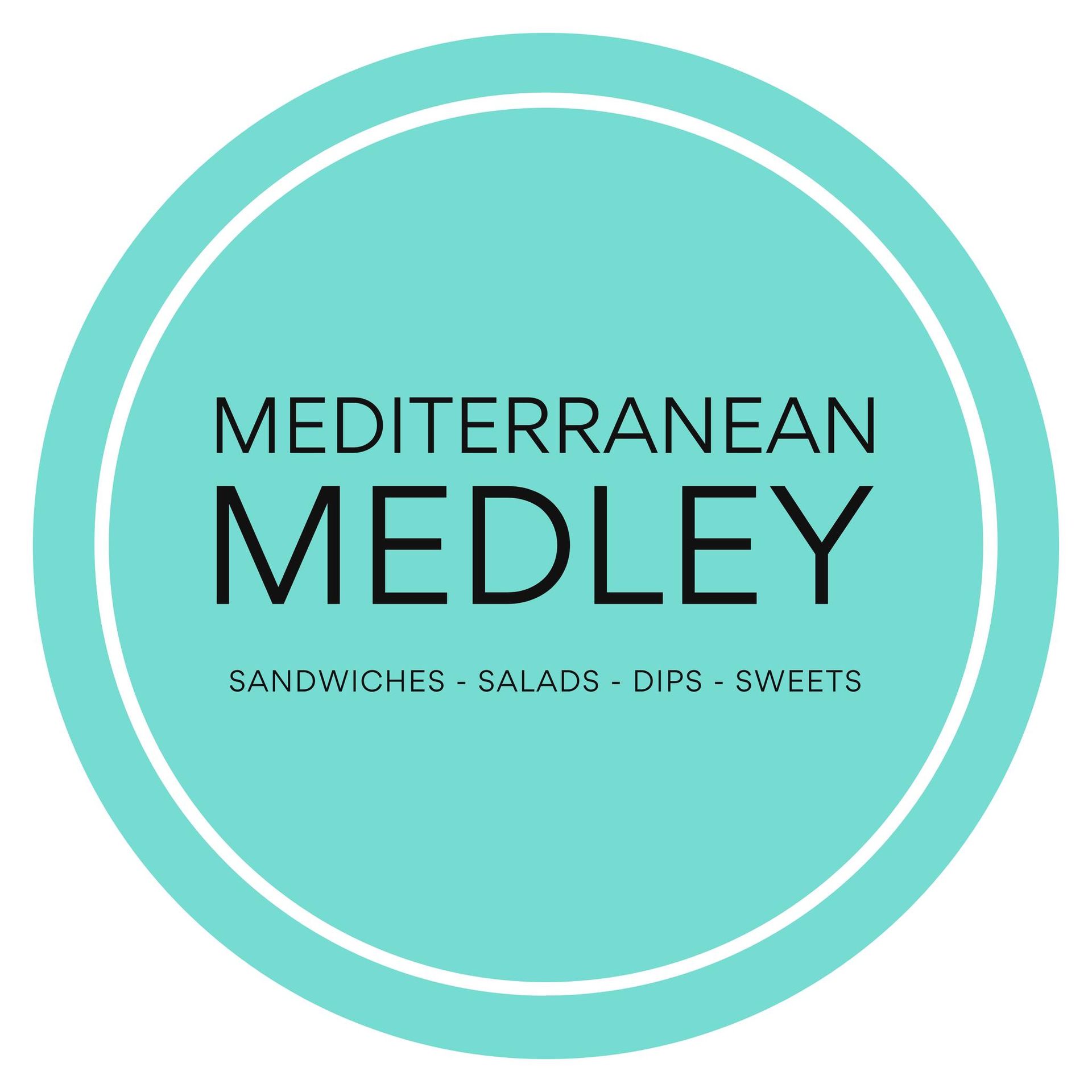 Logo for Mediterranean Medley restaurant in a teal circle with white border and text reading: 